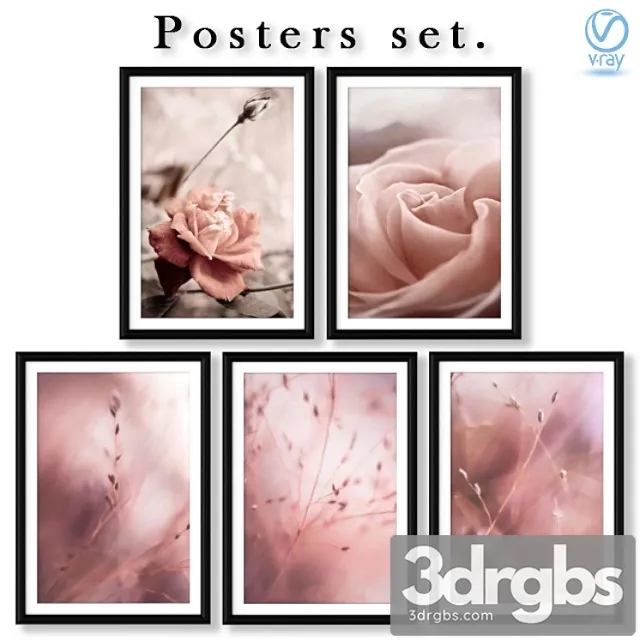 Collection of posters with pink roses and grass. 3D Model Free