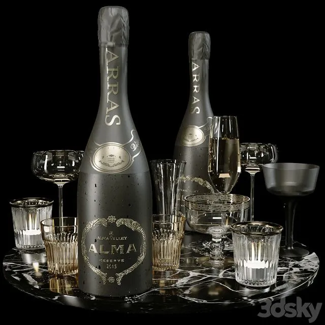 Collection of sparkling wine with crystal glasses and marble tray 3D Model