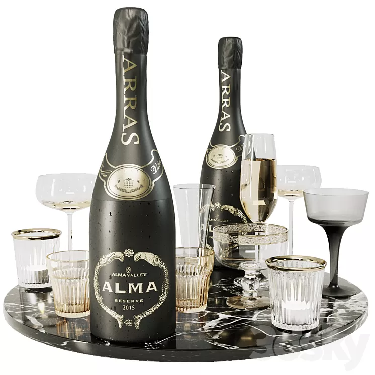 Collection of sparkling wine with crystal glasses and marble tray 3D Model Free