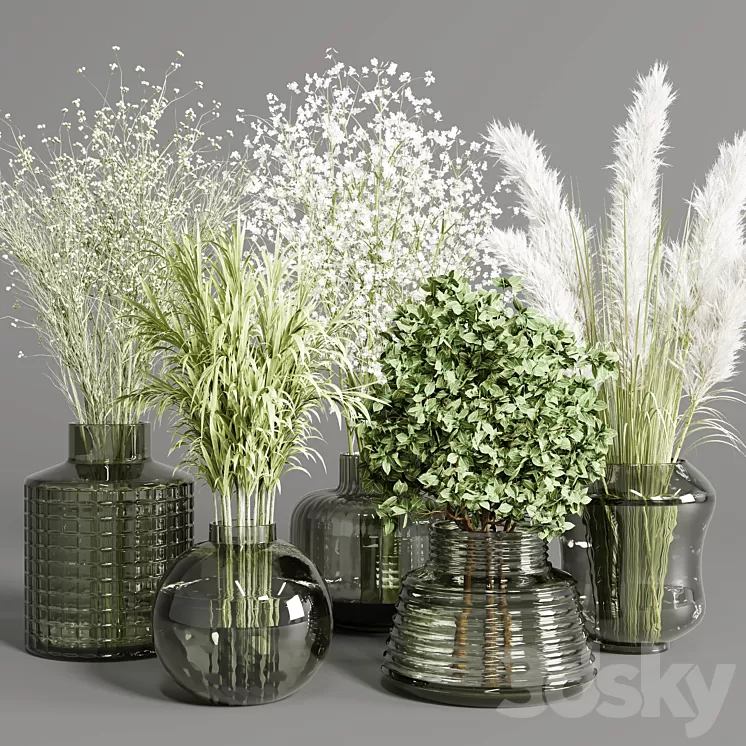 collection Plants Bouquet Indoor glass vase 3D Model Free