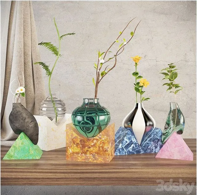 Composition set plants bouquet glass flower 3D Model