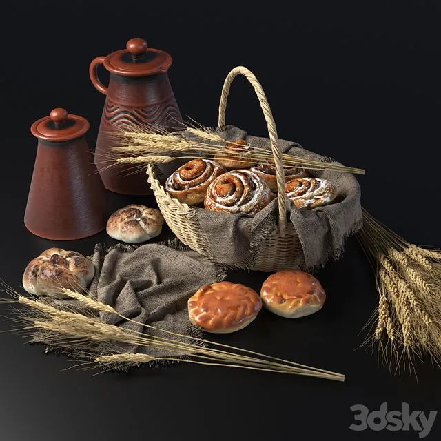 Composition with buns in a wicker basket 3D Model