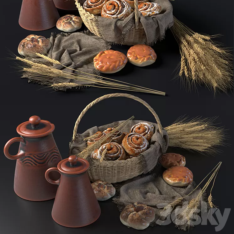 Composition with buns in a wicker basket 3D Model