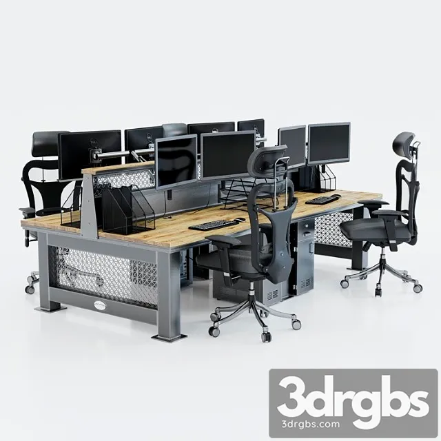 Computer Desk For 4 Workplaces 3D Model Free
