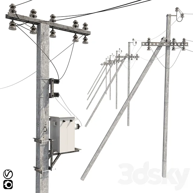 Concrete electricity transmission poles with wires 3D Model