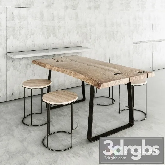 Concrete Wood Table and Chair 3D Model Free