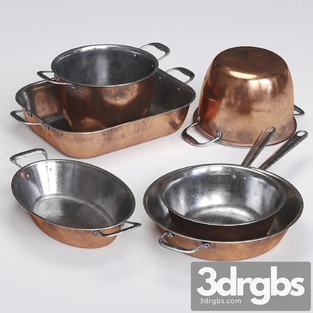Copper cookwares set 3D Model Free