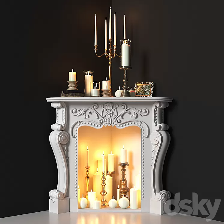 Corner fireplace with candles. Decorative set 3D Model