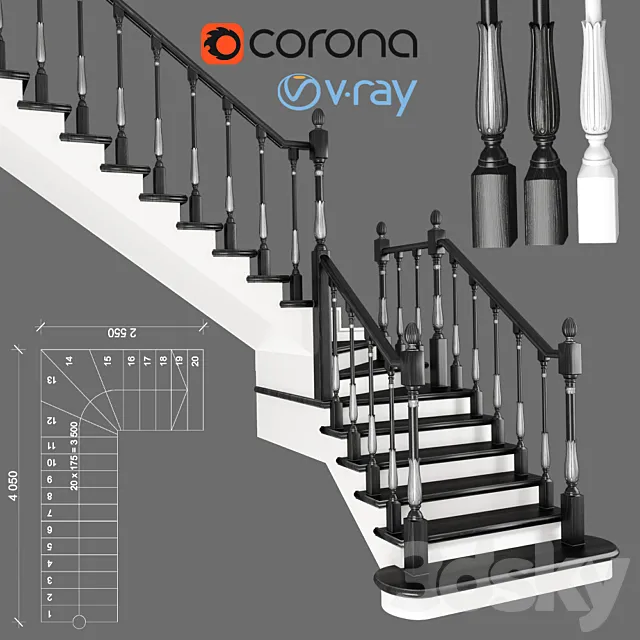 Corner staircase with zaubezhnymi steps. 3 colors 3DModel
