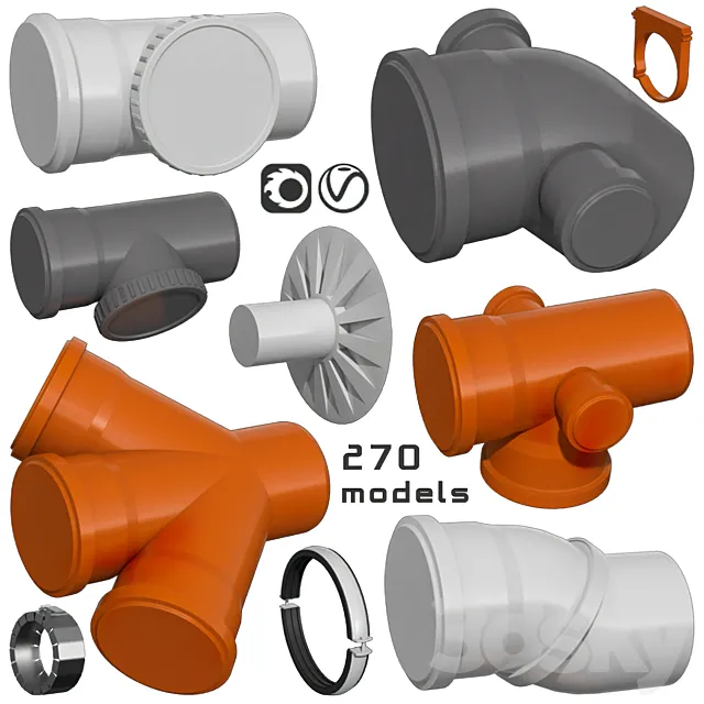 Counstraction designer water supply sewerage pipes fittings clamps crosspieces couplings 3D Model