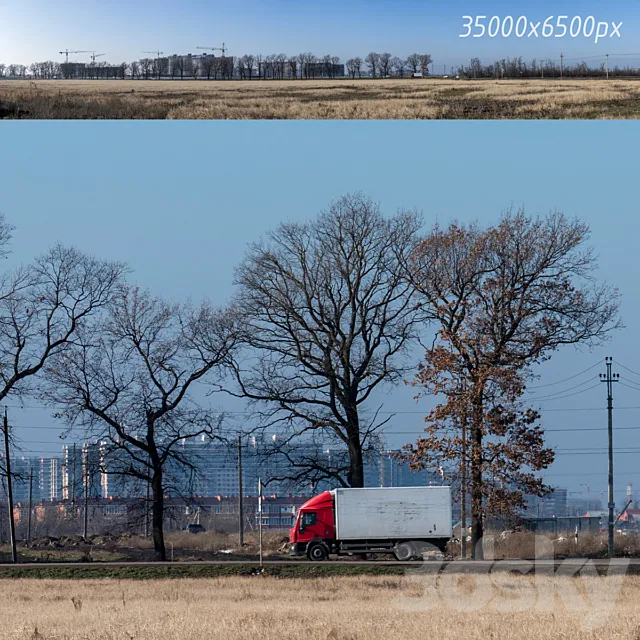 Countryside panorama of new buildings and trees 3D Model