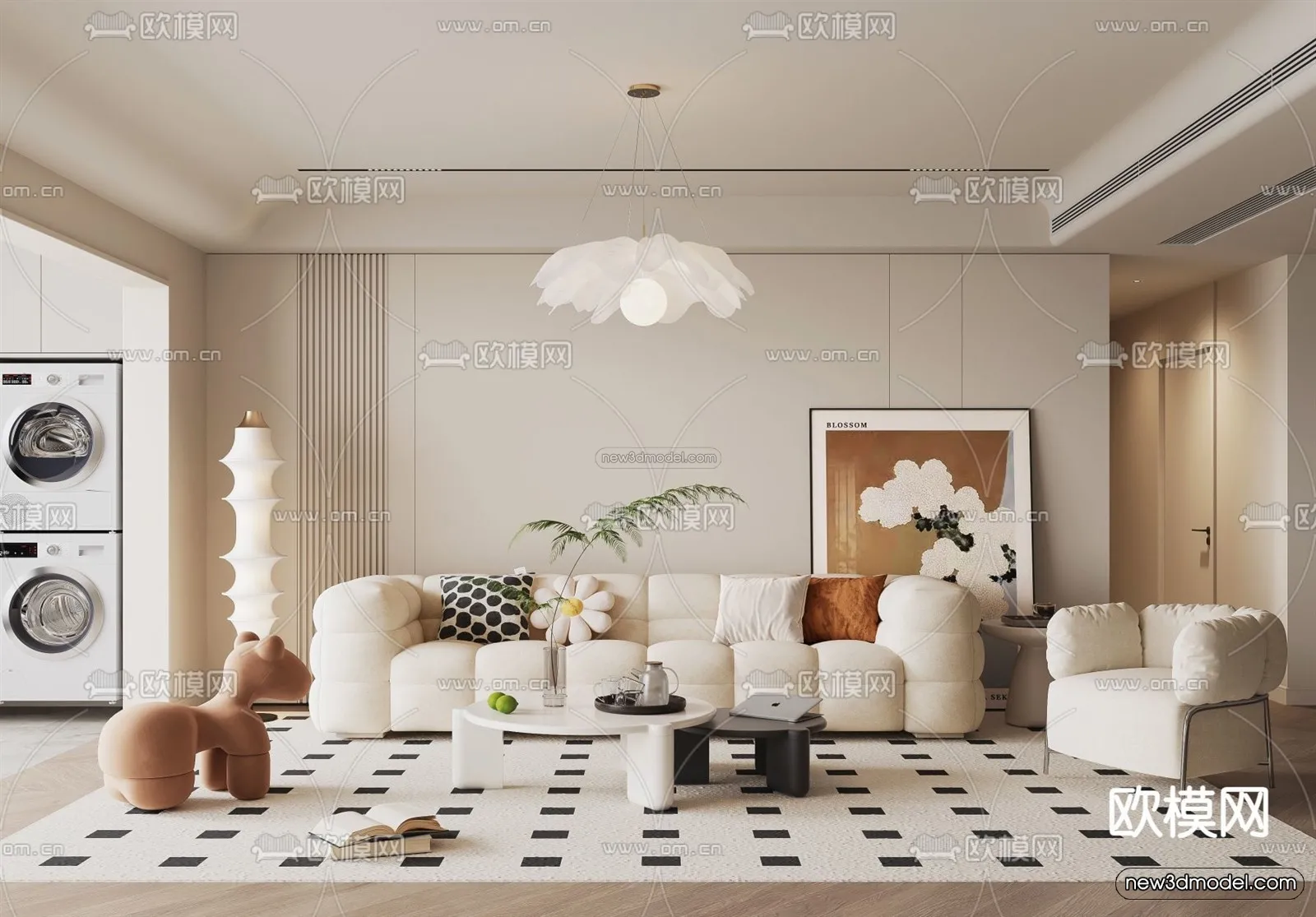 Cream Style Interior 3D Blocks - Living Room 3D Model - 001