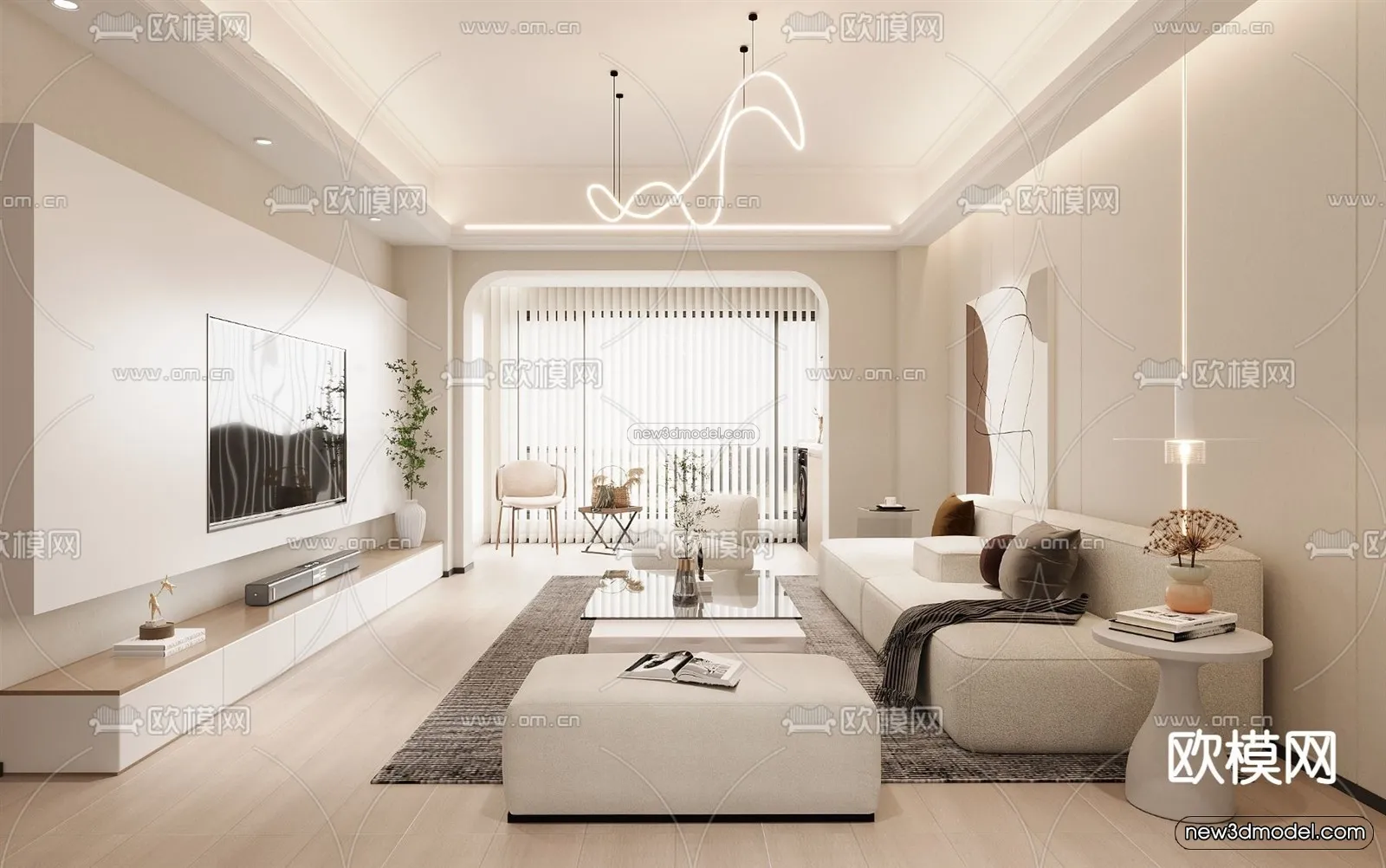 Cream Style Interior 3D Blocks - Living Room 3D Model - 006