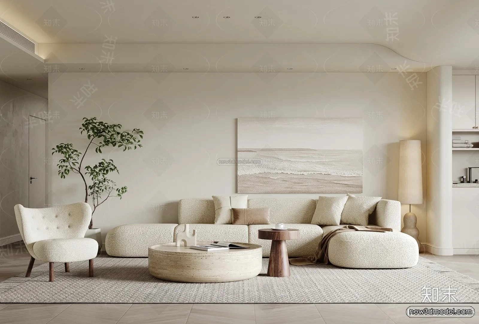 Cream Style Interior 3D Blocks - Living Room 3D Model - 007