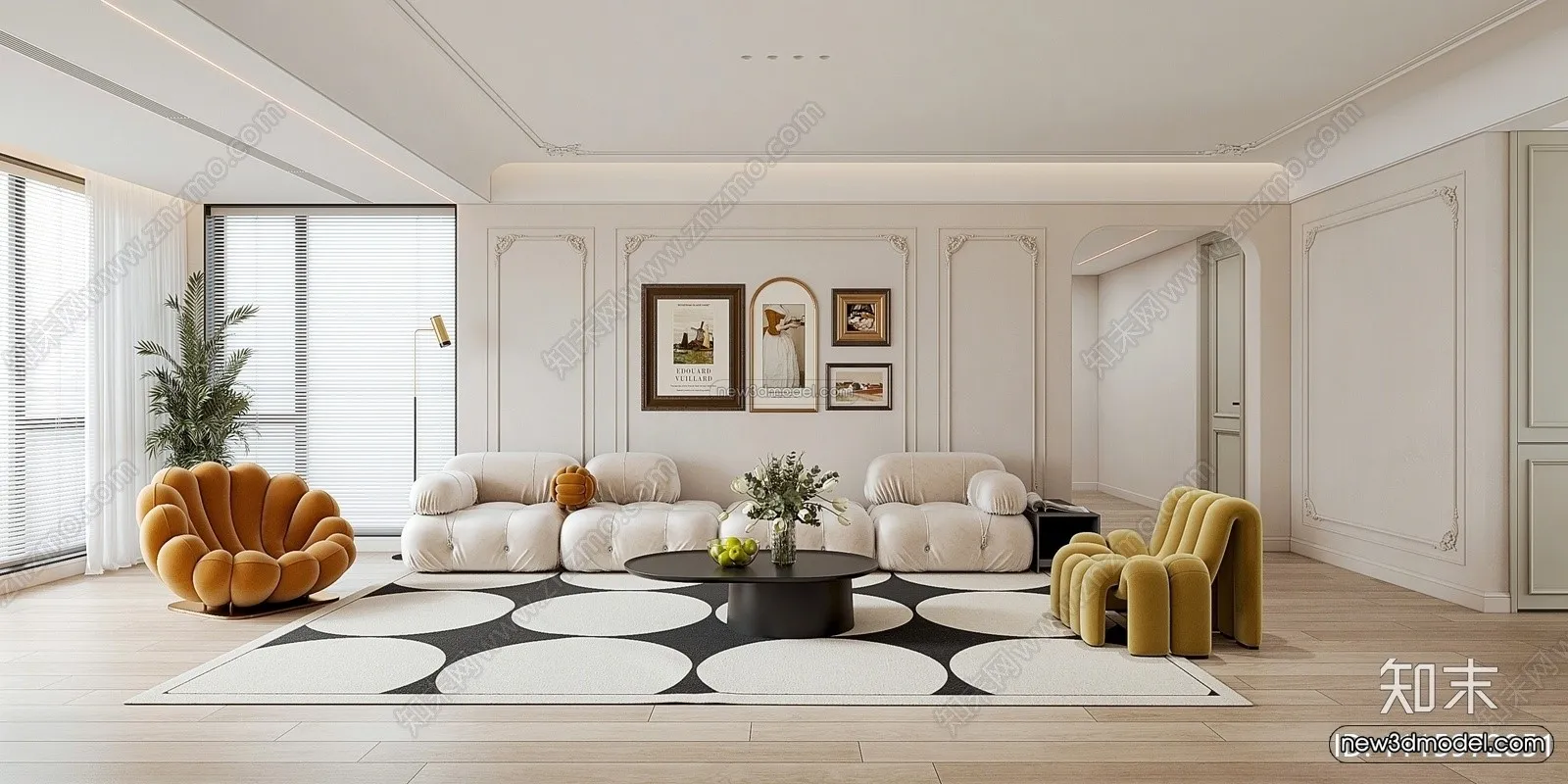 Cream Style Interior 3D Blocks - Living Room 3D Model - 009