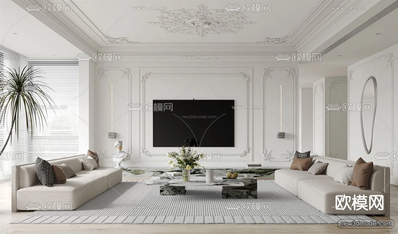 Cream Style Interior 3D Blocks - Living Room 3D Model - 010