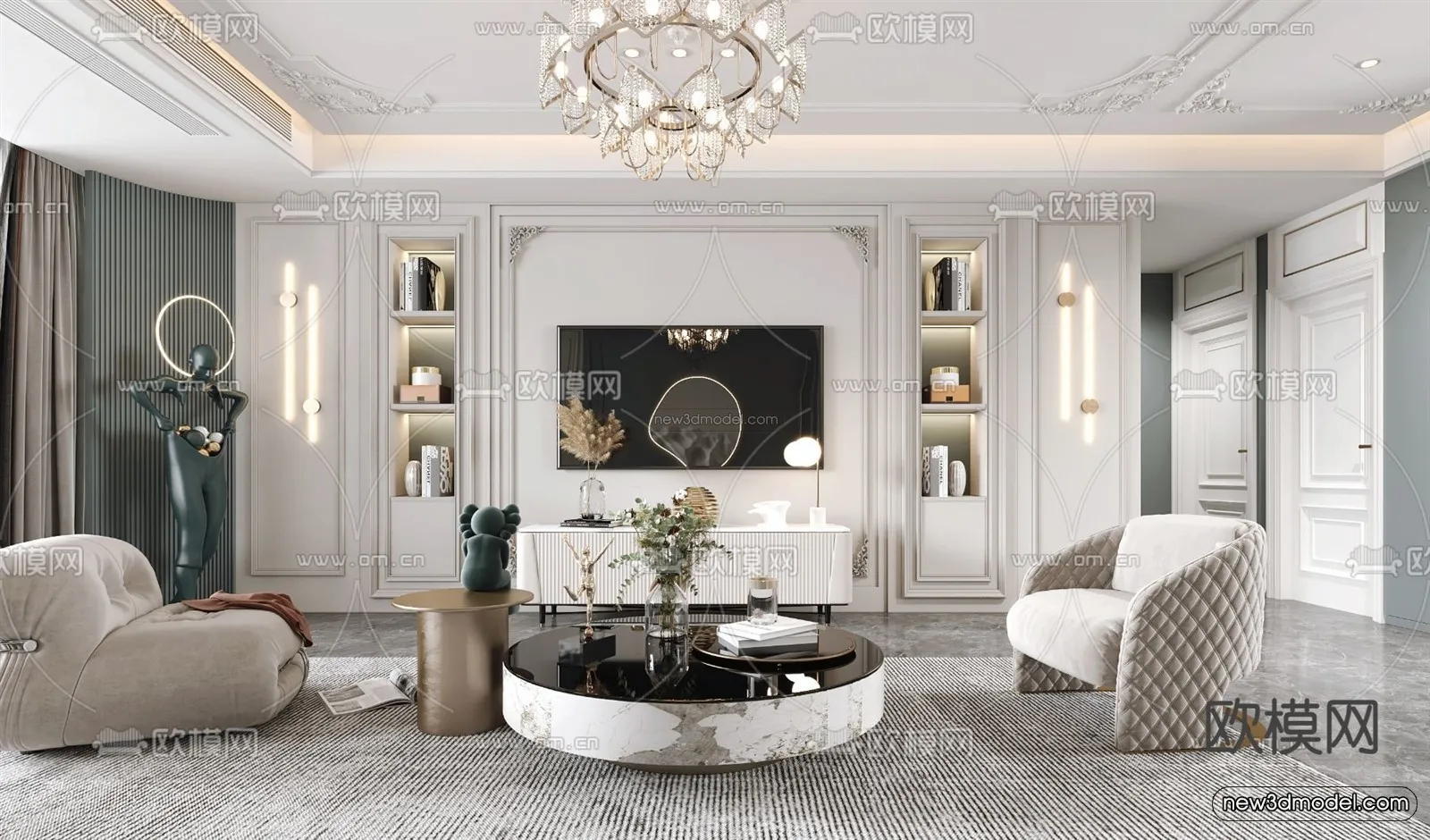 Cream Style Interior 3D Blocks - Living Room 3D Model - 011