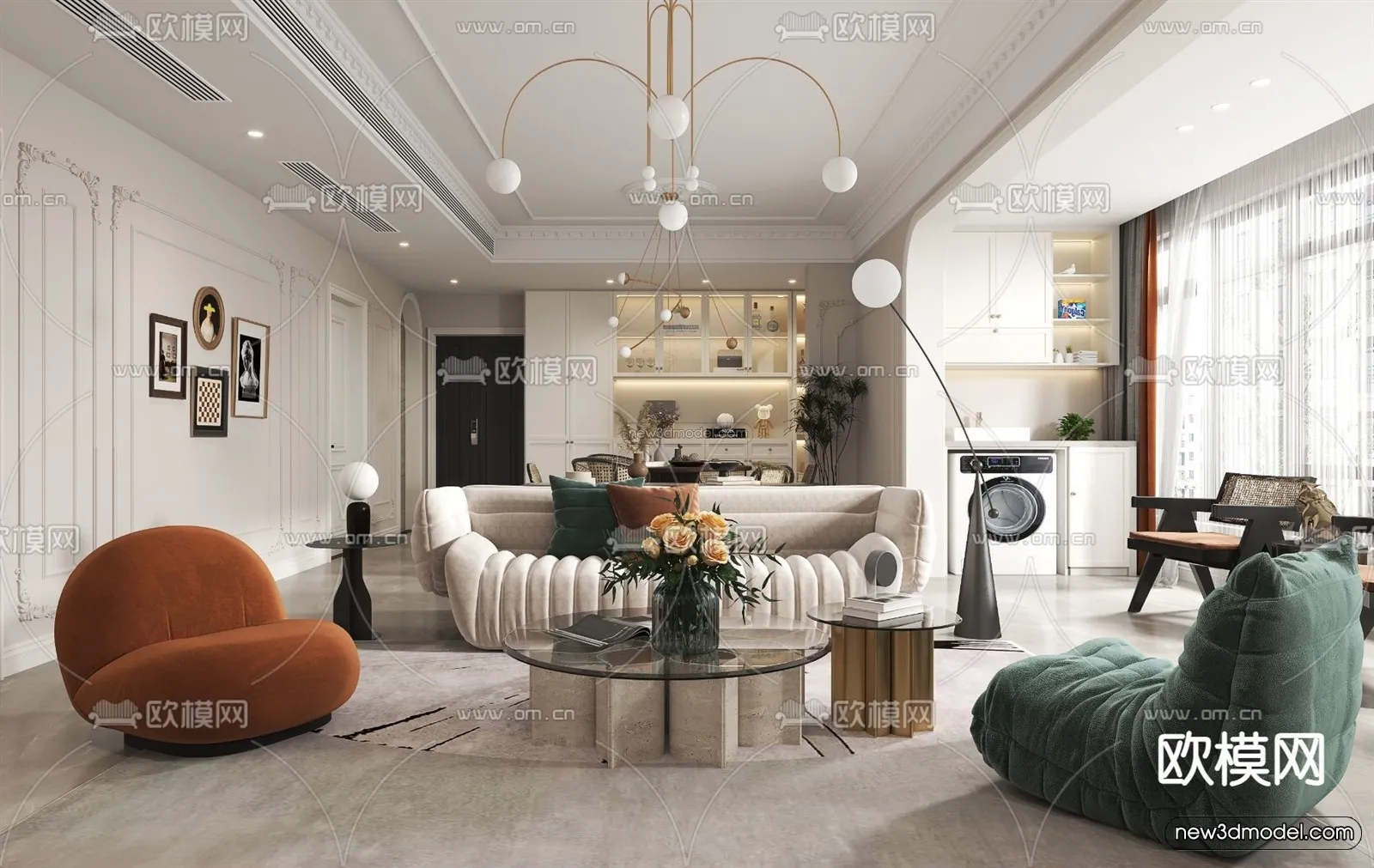 Cream Style Interior 3D Blocks - Living Room 3D Model - 014