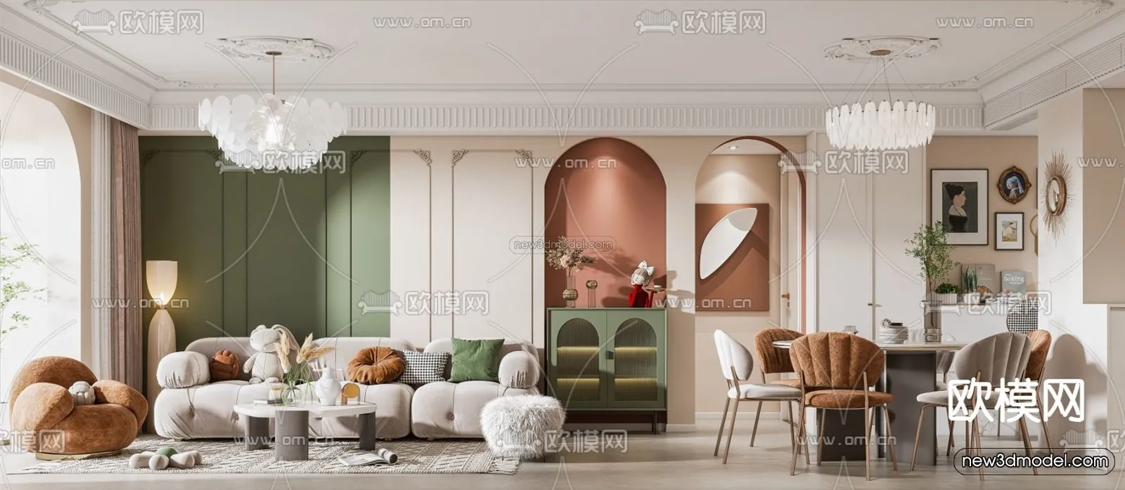 Cream Style Interior 3D Blocks - Living Room 3D Model - 015