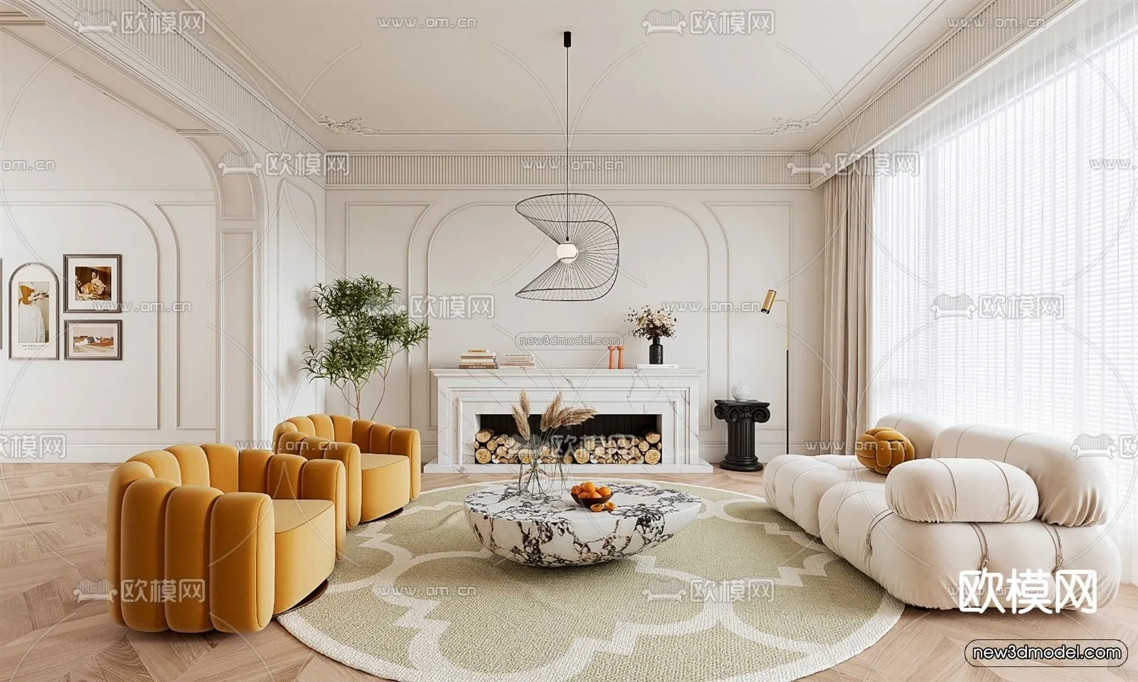 Cream Style Interior 3D Blocks - Living Room 3D Model - 017