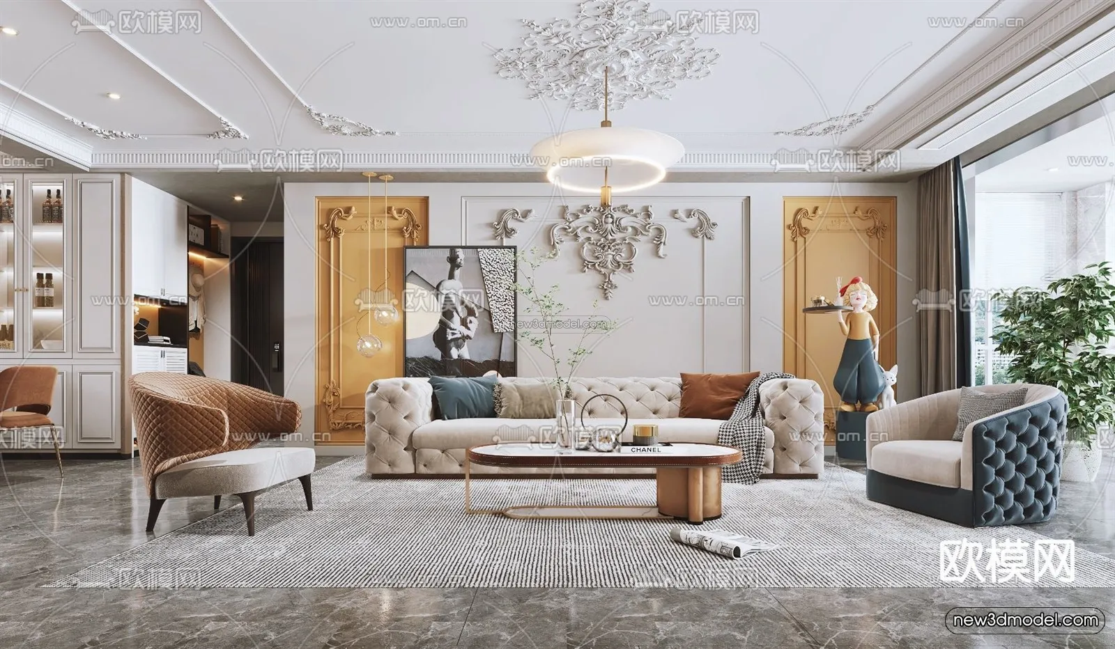 Cream Style Interior 3D Blocks - Living Room 3D Model - 019