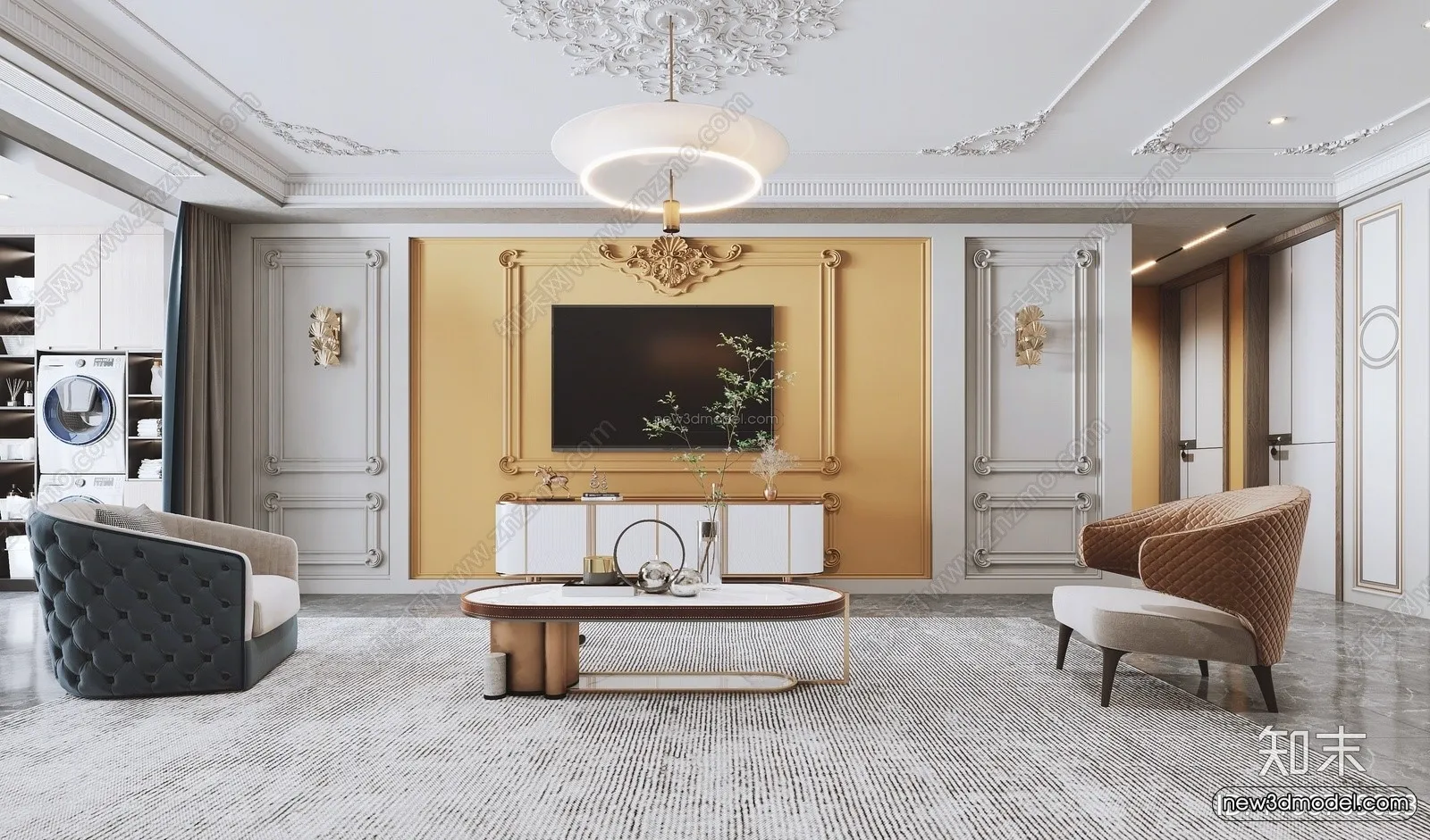 Cream Style Interior 3D Blocks - Living Room 3D Model - 023