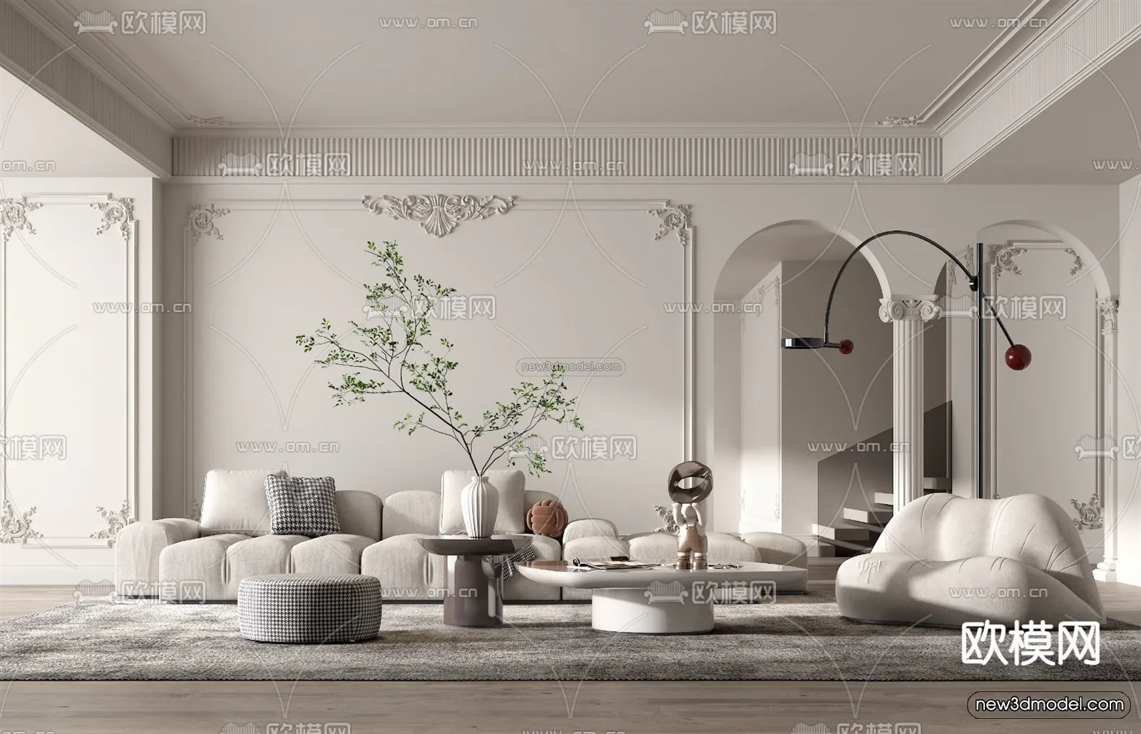 Cream Style Interior 3D Blocks - Living Room 3D Model - 027