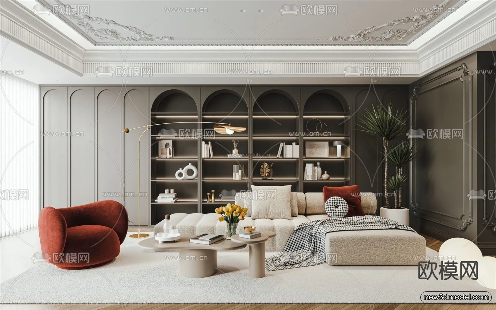 Cream Style Interior 3D Blocks - Living Room 3D Model - 029