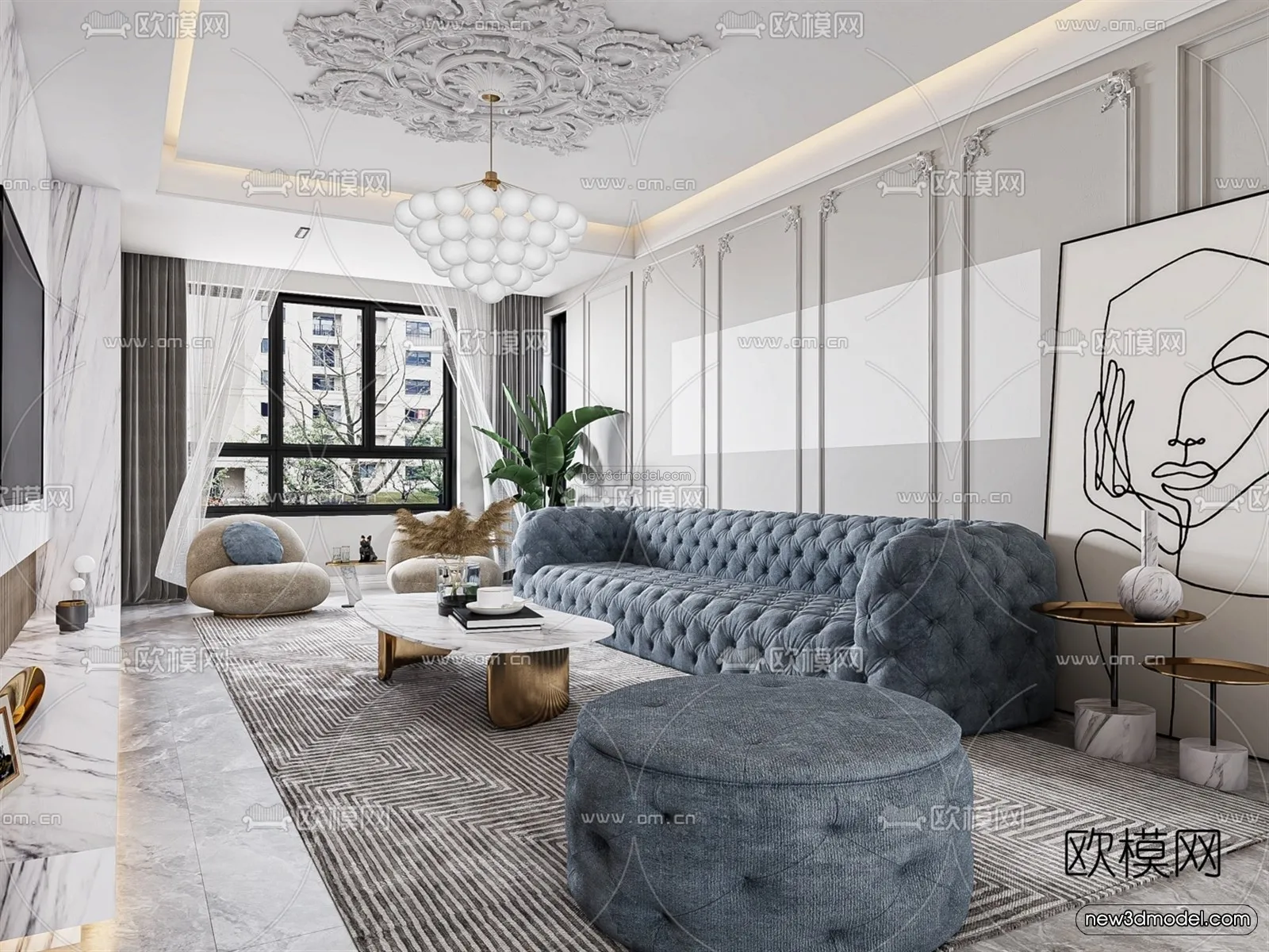 Cream Style Interior 3D Blocks - Living Room 3D Model - 035