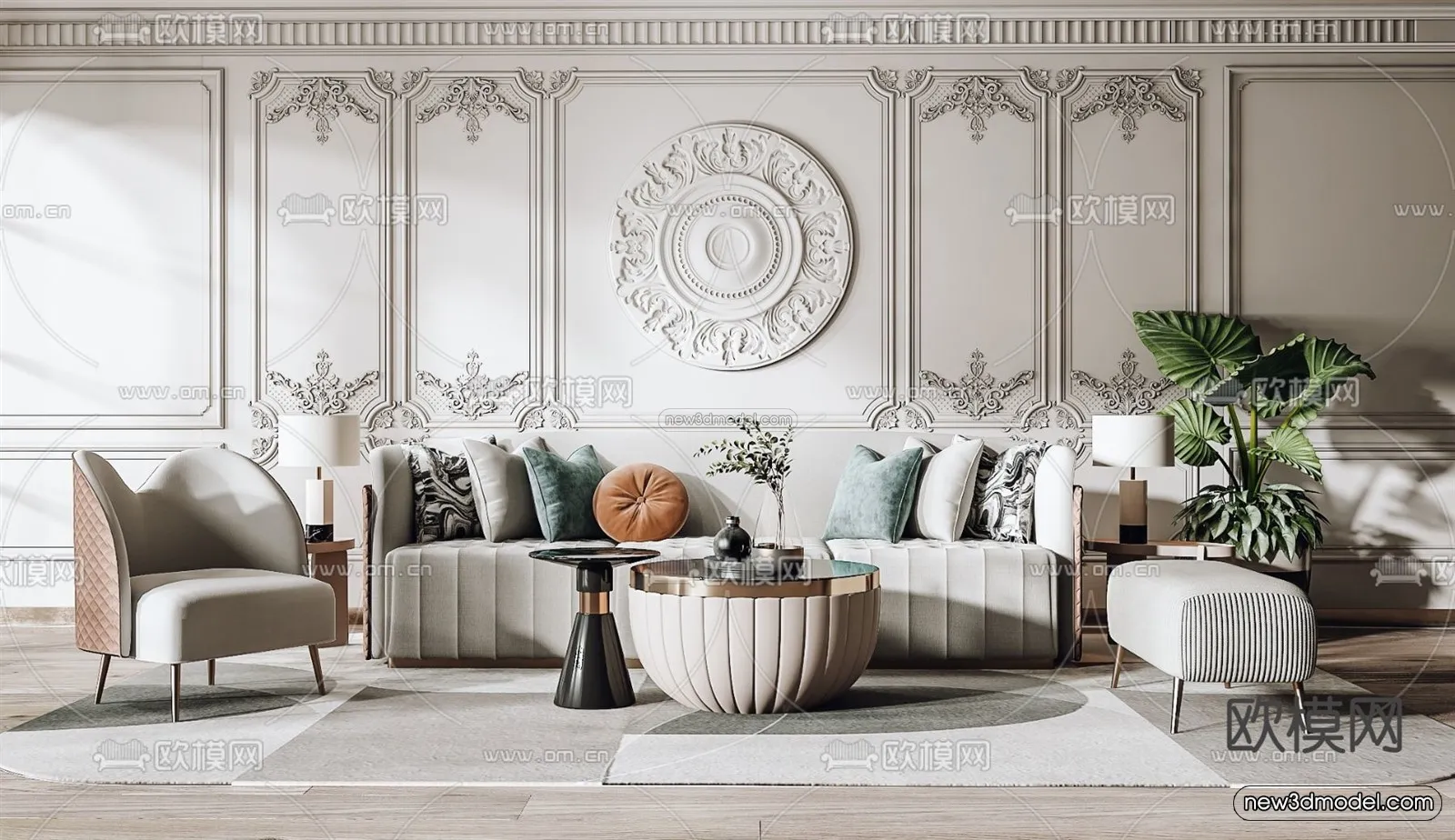 Cream Style Interior 3D Blocks - Living Room 3D Model - 044