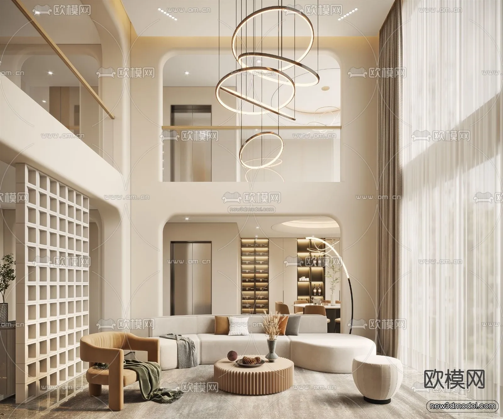 Cream Style Interior 3D Blocks - Living Room 3D Model - 050