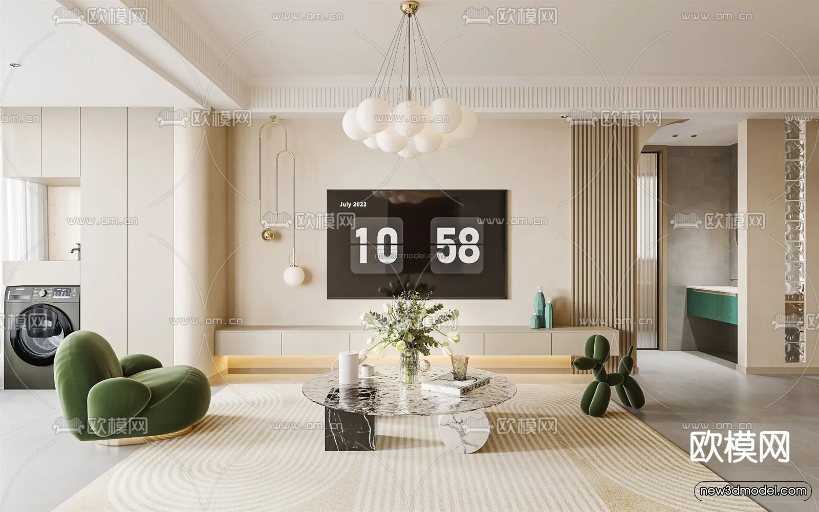 Cream Style Interior 3D Blocks - Living Room 3D Model - 051