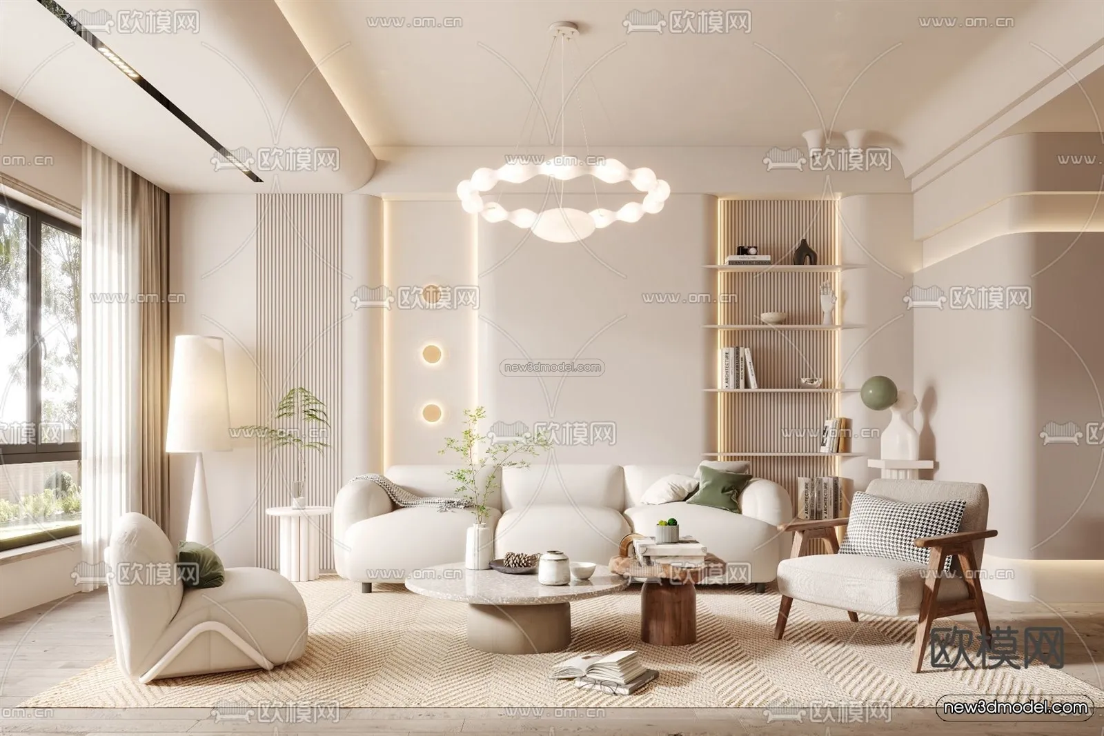 Cream Style Interior 3D Blocks - Living Room 3D Model - 054