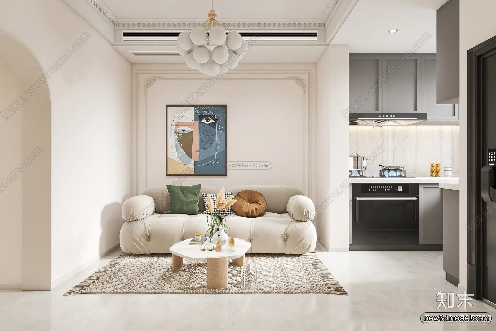 Cream Style Interior 3D Blocks - Living Room 3D Model - 055