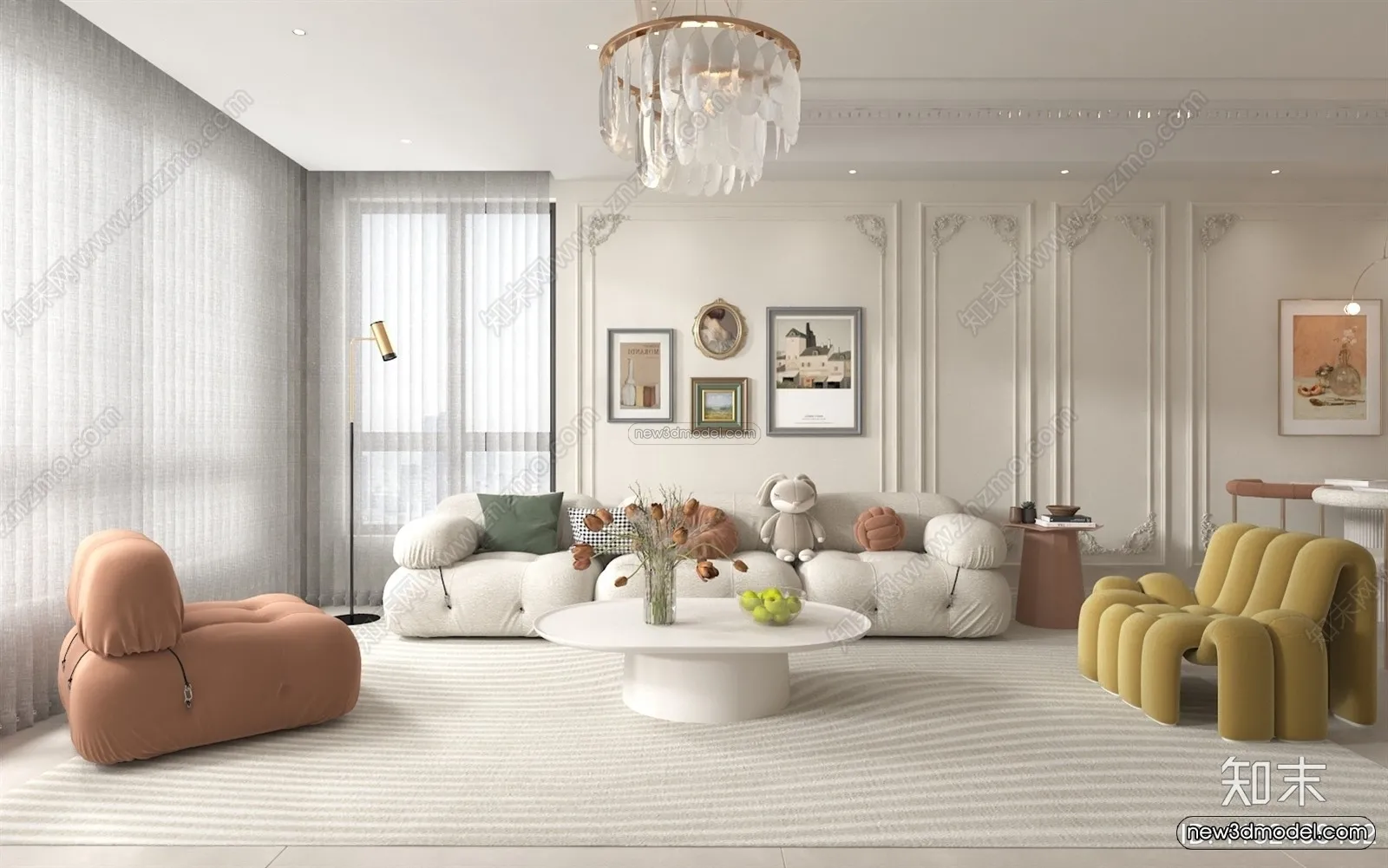 Cream Style Interior 3D Blocks - Living Room 3D Model - 057