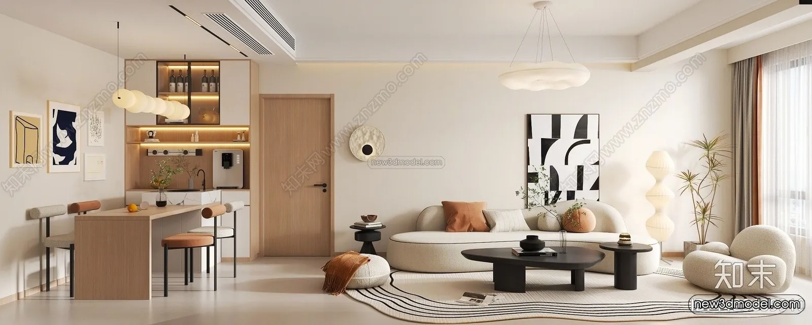 Cream Style Interior 3D Blocks - Living Room 3D Model - 058