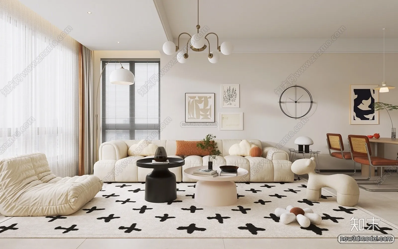 Cream Style Interior 3D Blocks - Living Room 3D Model - 061