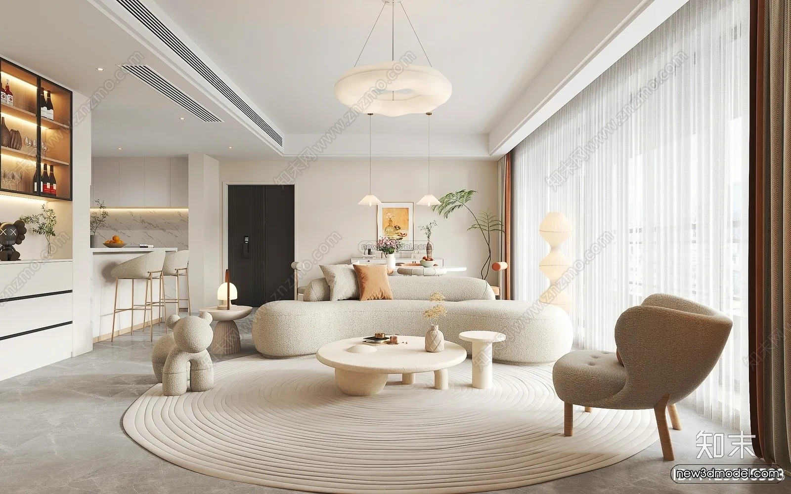 Cream Style Interior 3D Blocks - Living Room 3D Model - 065