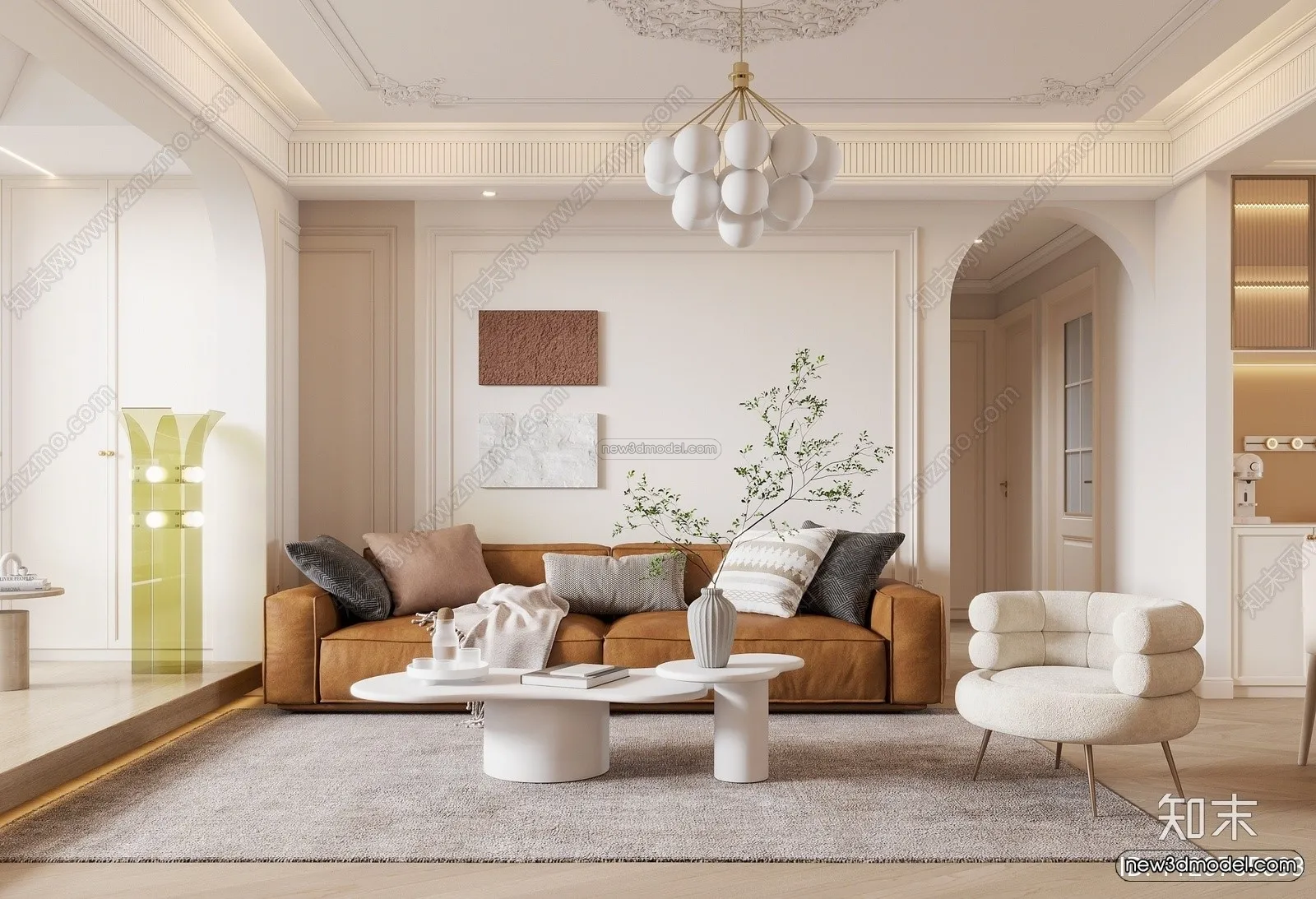 Cream Style Interior 3D Blocks - Living Room 3D Model - 069