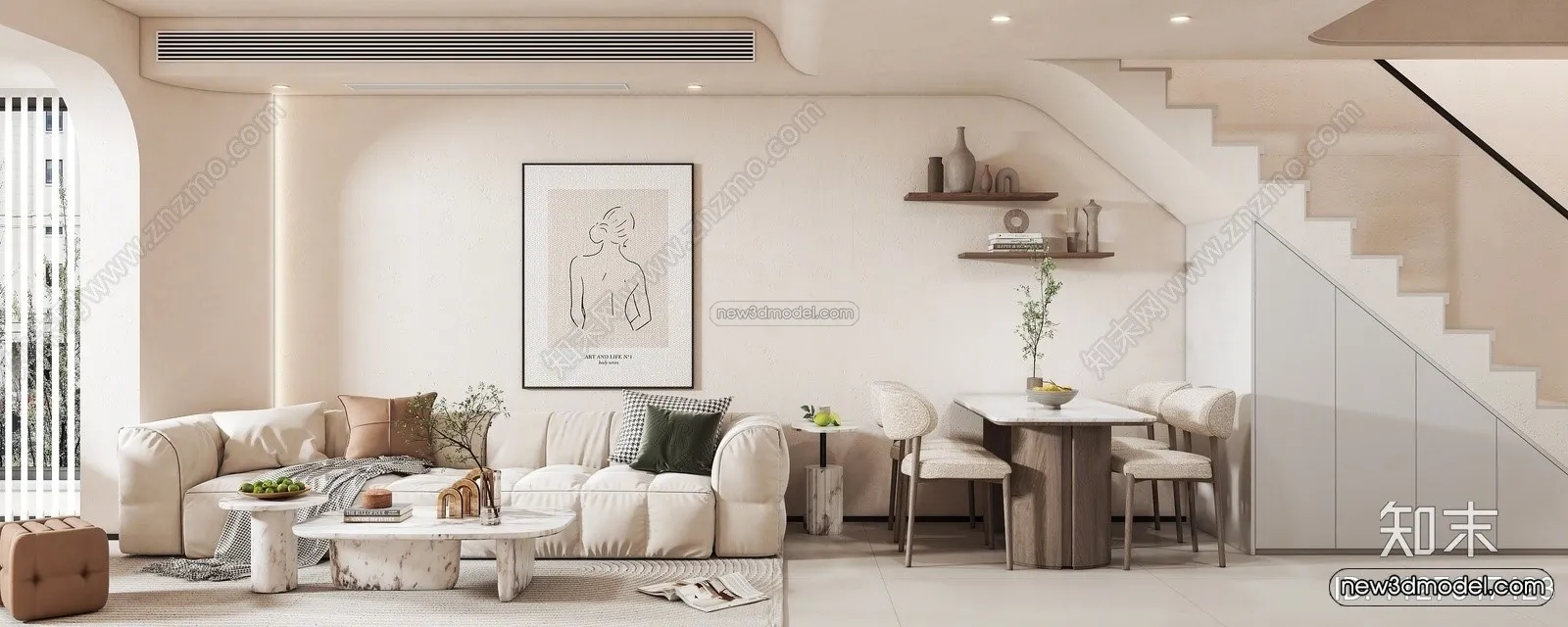 Cream Style Interior 3D Blocks - Living Room 3D Model - 071