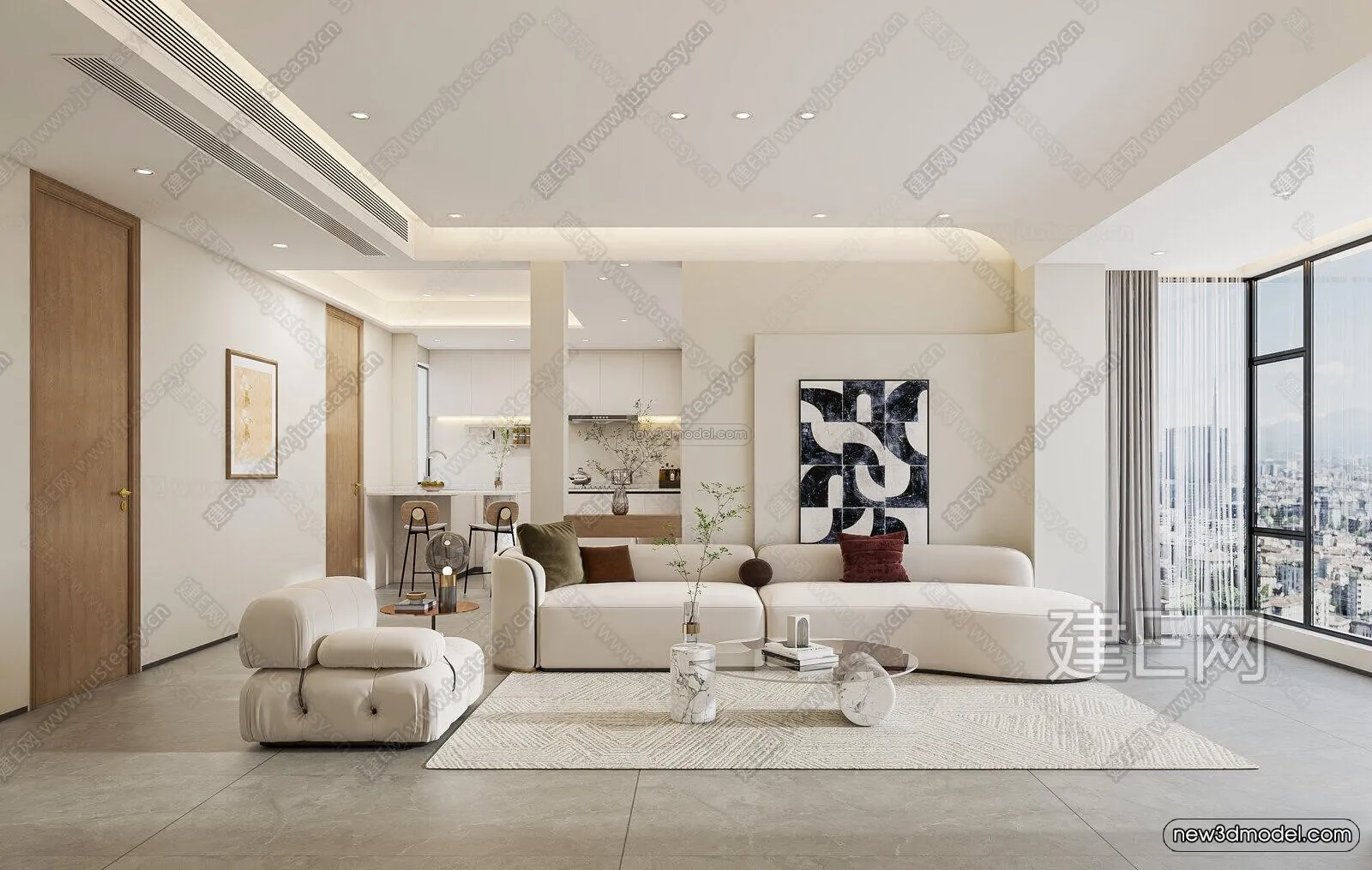 Cream Style Interior 3D Blocks - Living Room 3D Model - 073