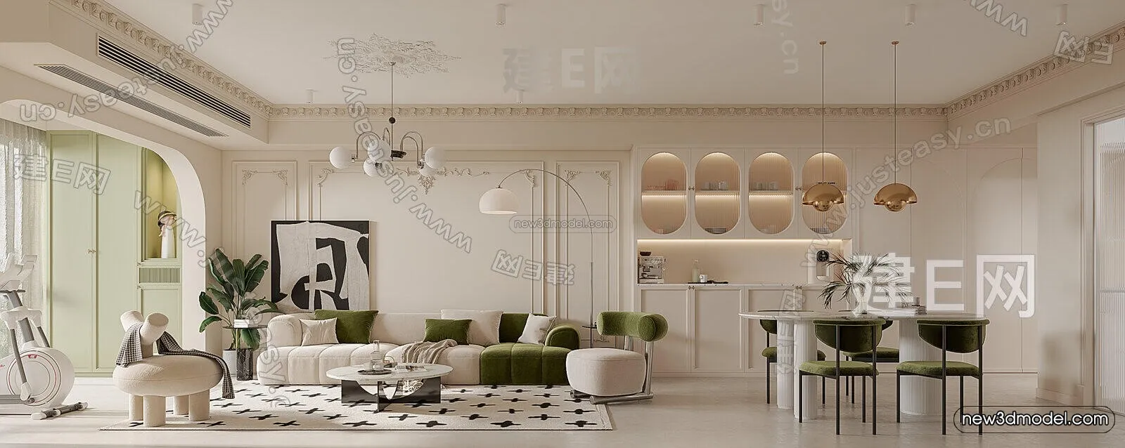 Cream Style Interior 3D Blocks - Living Room 3D Model - 075