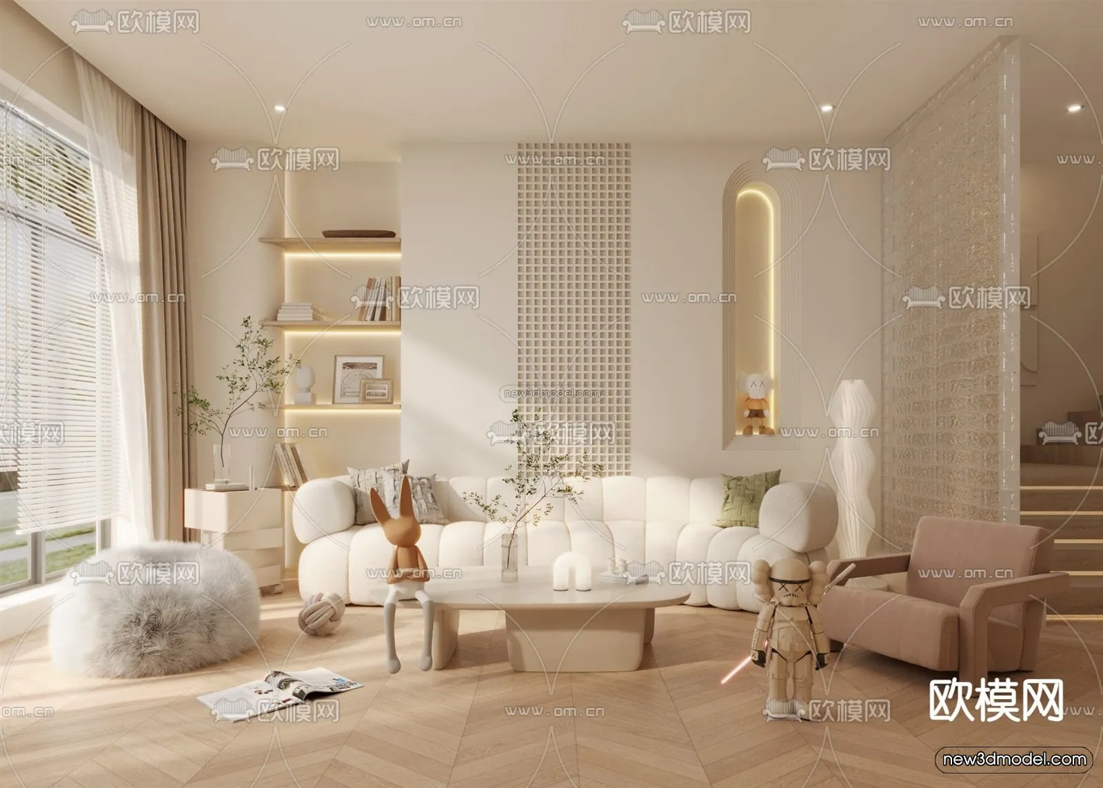 Cream Style Interior 3D Blocks - Living Room 3D Model - 079