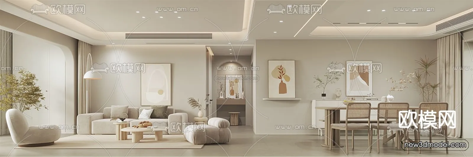 Cream Style Interior 3D Blocks - Living Room 3D Model - 080