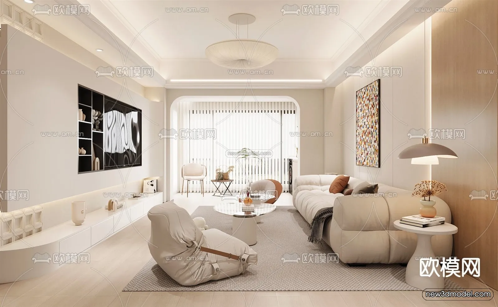 Cream Style Interior 3D Blocks - Living Room 3D Model - 082