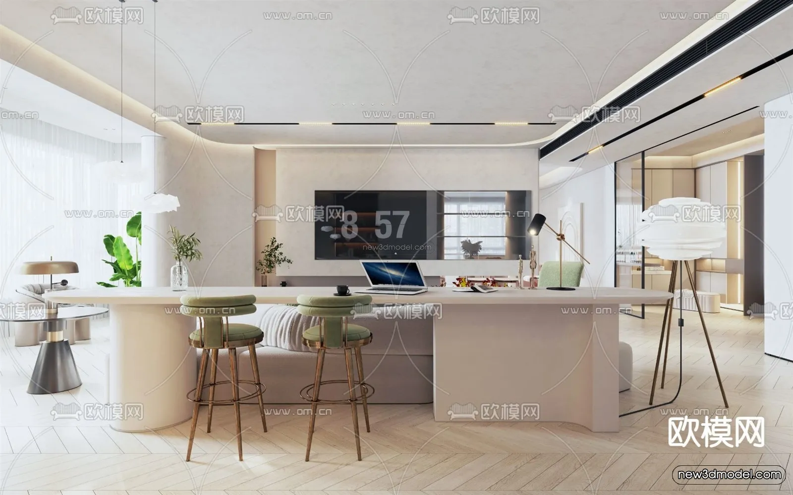 Cream Style Interior 3D Blocks - Living Room 3D Model - 083