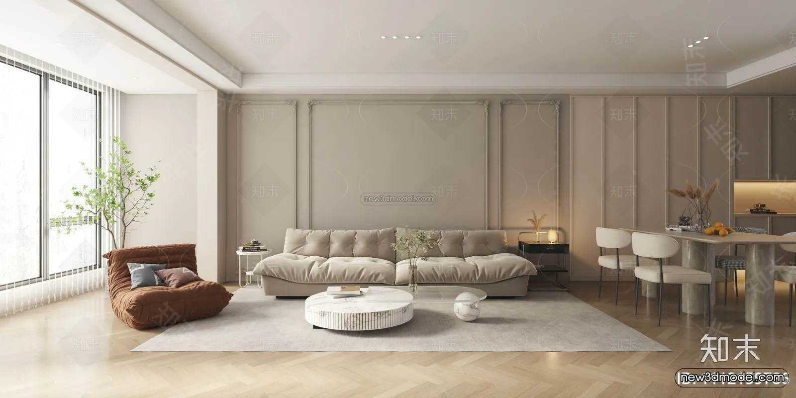 Cream Style Interior 3D Blocks - Living Room 3D Model - 084