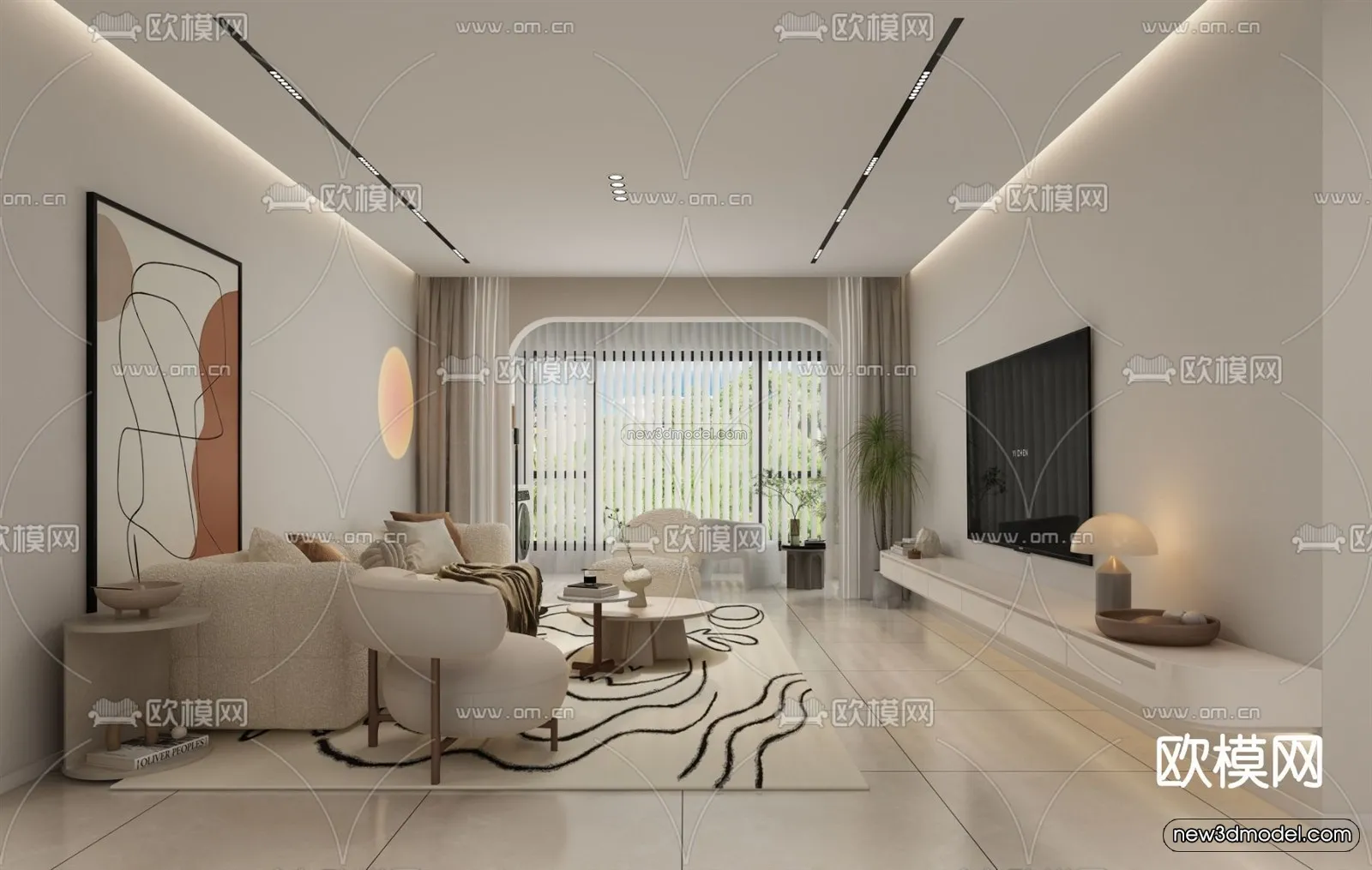 Cream Style Interior 3D Blocks - Living Room 3D Model - 086