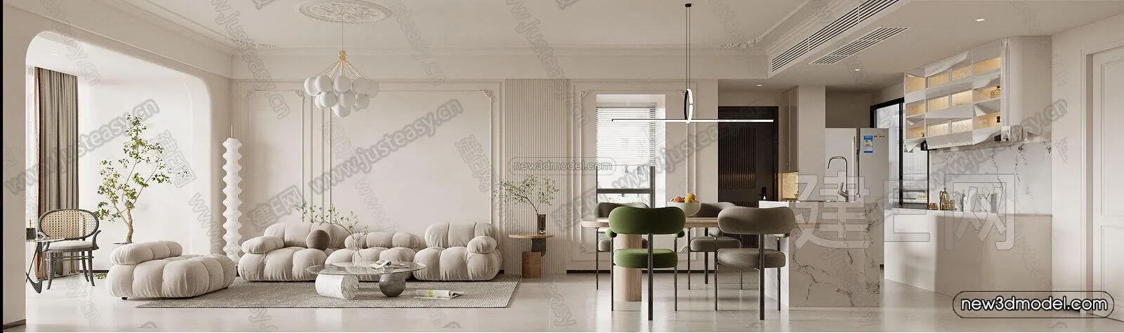 Cream Style Interior 3D Blocks - Living Room 3D Model - 087