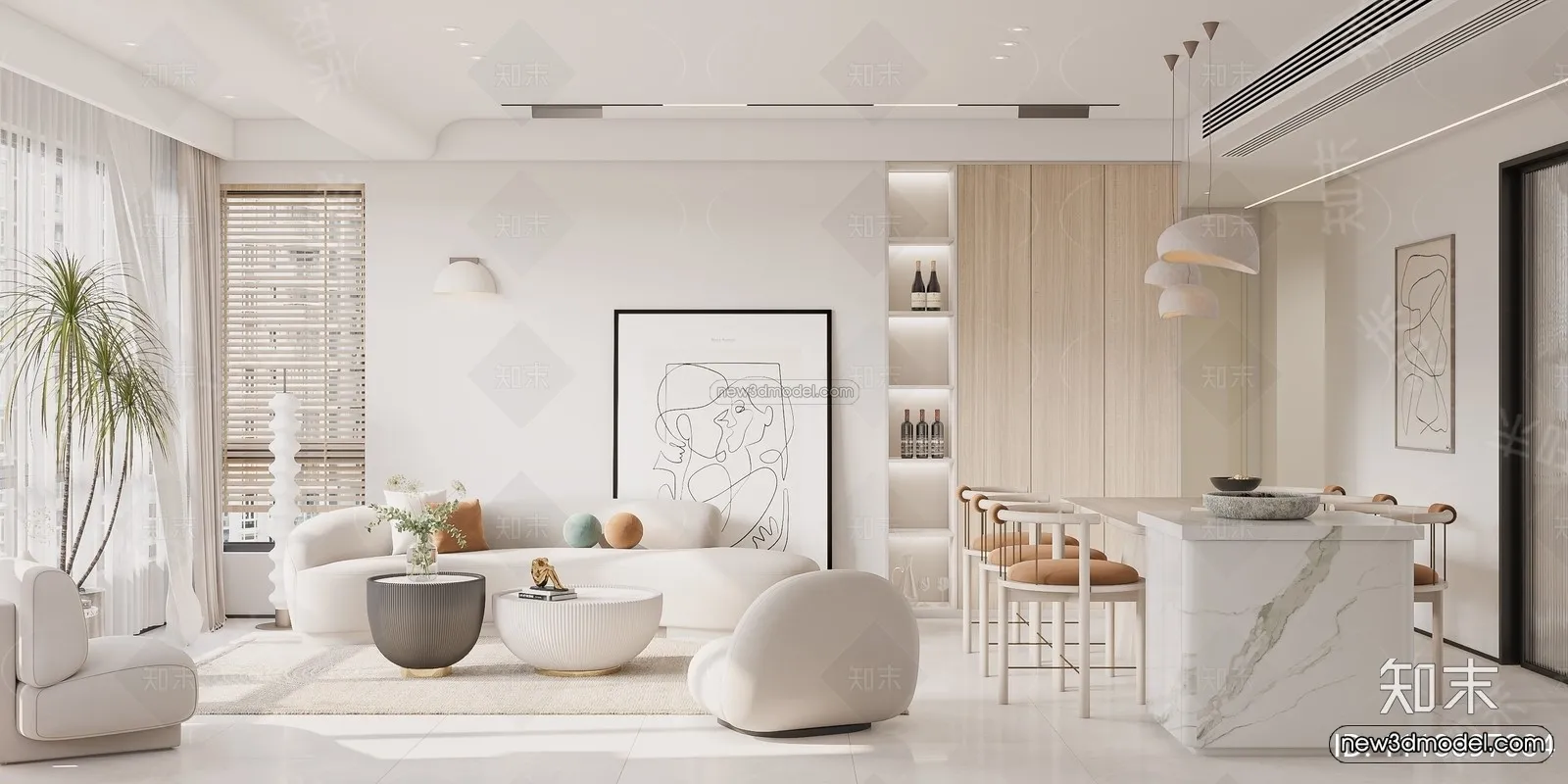 Cream Style Interior 3D Blocks - Living Room 3D Model - 090